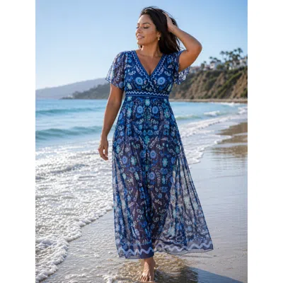 Bloomchic Sarong Set Floral Print One-piece Swimsuit In Blue