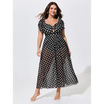Bloomchic Sarong Set Polka Dot Print One-piece Swimsuit In Black
