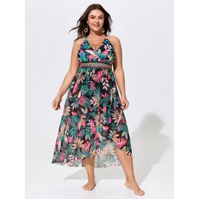 Bloomchic Sarong Set Tropical Print Mesh One Piece Swim In Black