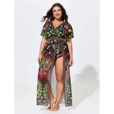 Bloomchic Sarong Set Tropical Print Sheer One-piece Swim