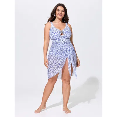 Bloomchic Sarong Tie Set Beach Print One-piece Swim In Blue