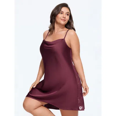 Bloomchic Satin Cowl Neck Lace Panel Slip Nightgown In Burgundy