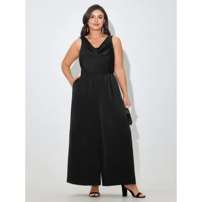 Bloomchic Satin Cowl Neck Pocket Sleeveless Jumpsuit In Black