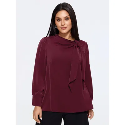 Bloomchic Satin Cowl Neck Tie Bow Long Sleeve Blouse In Burgundy