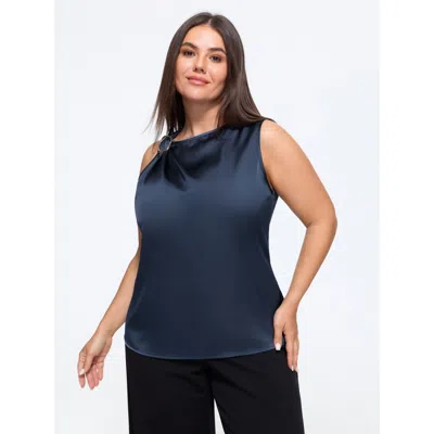 Bloomchic Satin Draped Neck Metal Ring Decor Tank Top In Indigo