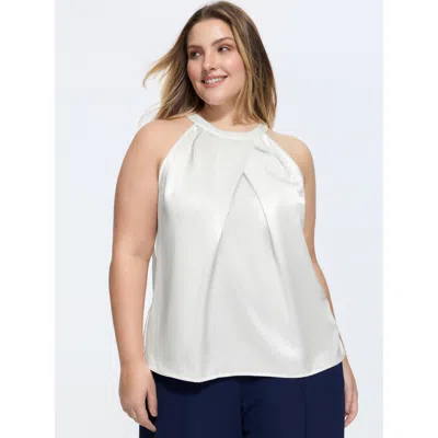 Bloomchic Satin Halter Neckline Overlap Pleats Tank Top In White