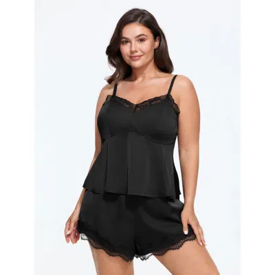 Bloomchic Satin Lace Trim Pajama Set In Black