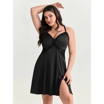 Bloomchic Satin Lace Trim Plunging Neckline Nightgown In Black