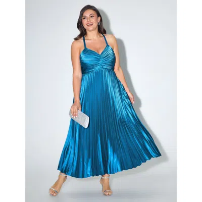 Bloomchic Satin Ruched Shirred Cross Back Pleated Maxi Dress In Blue