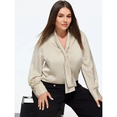 Bloomchic Satin Tie Neck Long Sleeve Blouse In Champagne