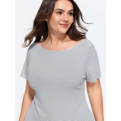 Bloomchic Scallop Boat Neck Striped-print T-shirt In Gray