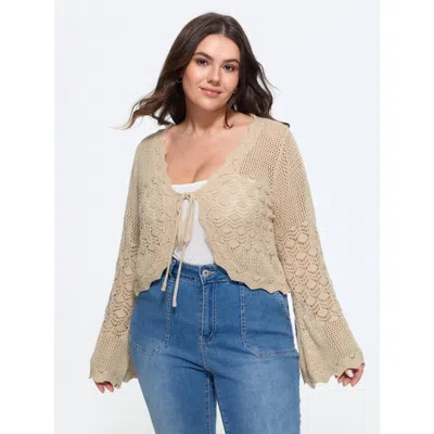 Bloomchic Scallop Trim Drawstring Flare Sleeve Hollow Cardigan In Brown