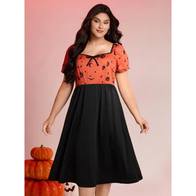 Bloomchic Scary Halloween Print Colorblock Midi Dress In Black