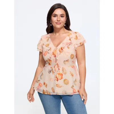 Bloomchic Seashell Print Front Tie Peplum Blouse In Apricot