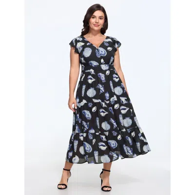 Bloomchic Seashell Print Tiered Ruffle Hem Midi Dress In Darkblue