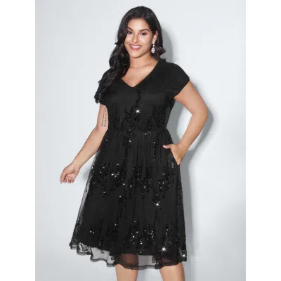 Bloomchic Sequin Embellished V-neck Midi Dress In Black