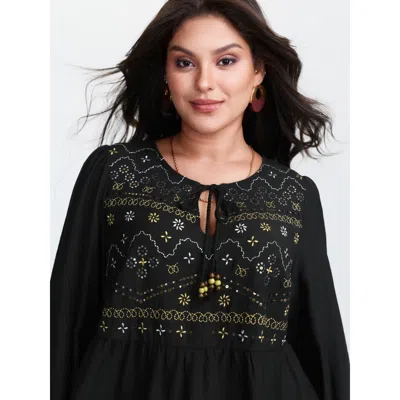 Bloomchic Sequin Embroidery Tassel Tie Blouse In Black