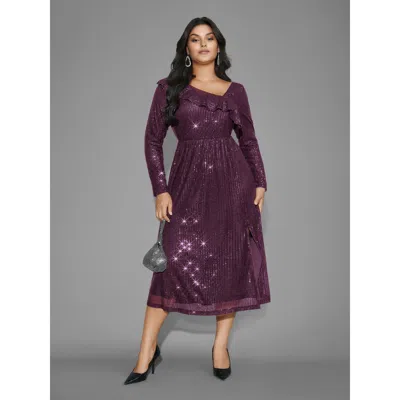 Bloomchic Sequin Mesh Asymmetrical Neck Midi Dress In Purple
