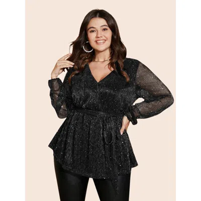 Bloomchic Sequin Mesh Lantern Sleeve Wrap Belted Striped Blouse In Multi