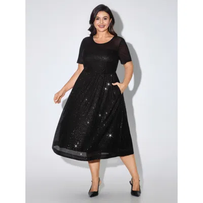 Bloomchic Sequin Patchwork Mesh Short Sleeve Midi Dress In Black
