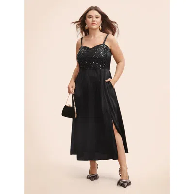 Bloomchic Sequin Patchwork Split Hem Cami Dress In Black