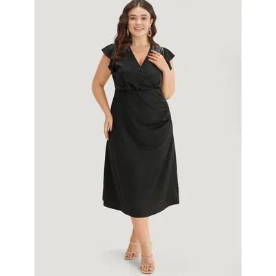 Bloomchic Sequin Surplice Neck Ruffle Trim Zipper Dress In Black