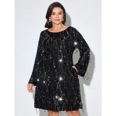 Bloomchic Sequin Tassel Shift Mini Dress In Black