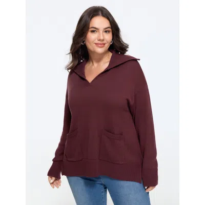 Bloomchic Shawl Collar Side Slit Pockets Pullover In Burgundy