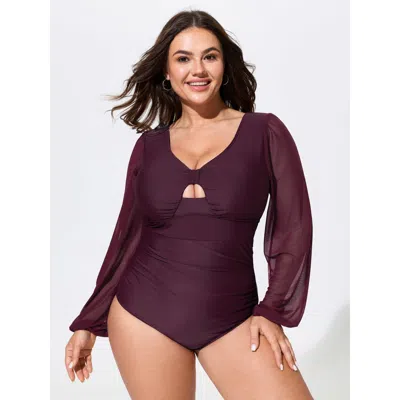 Bloomchic Sheer Backless Cut-out One-piece Swim In Purple