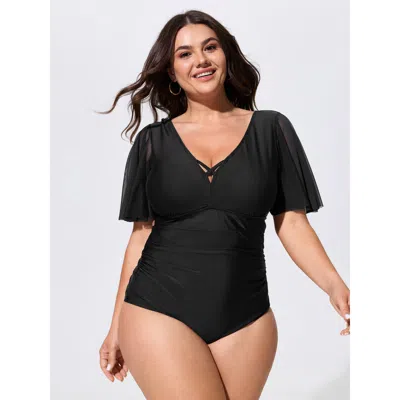 Bloomchic Sheer Backless Ruched One-piece Swim In Black