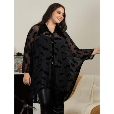 Bloomchic Sheer Bat Flocked Velvet Pointed Collar Button Down Blouse In Black