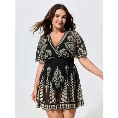 Bloomchic Sheer Boho Print Open Back Swim Dress In Black