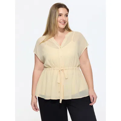 Bloomchic Sheer Drawstring Waist Notched Collar Blouse In Yellow