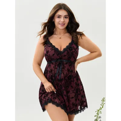 Bloomchic Sheer Floral Lace Patchwork Tie Nightgown In Burgundy