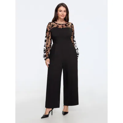 Bloomchic Sheer Floral Mesh Long Sleeve Wide Leg Jumpsuit In Black