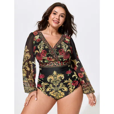 Bloomchic Sheer Floral Print Full-coverage One-piece Swim In Black