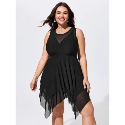 Bloomchic Sheer Handkerchief Hem Cut-out Back Swim Dress In Black