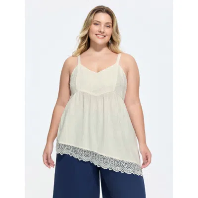 Bloomchic Sheer Lace Asymmetrical Trim Plain Tank Top In Neutral