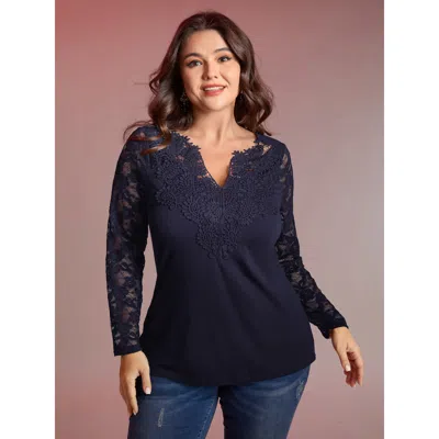 Bloomchic Sheer Lace Fitted Solid T-shirt In Blue