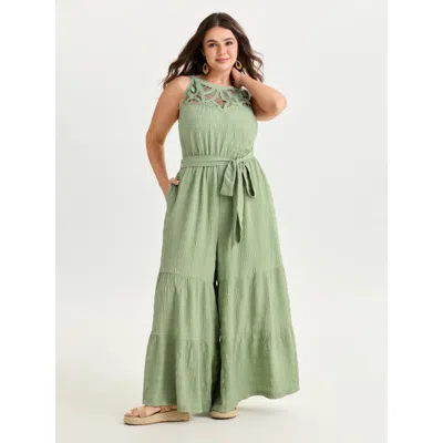 Bloomchic Sheer Lace Neckline Ruffled Hem Jumpsuit In Green