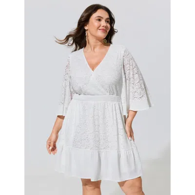 Bloomchic Sheer Lace Ruffle Hem Shirred Waist Mini Dress In White