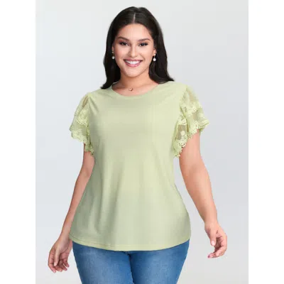 Bloomchic Sheer Lace Sleeve Plain T-shirt In Black