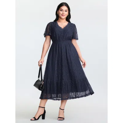 Bloomchic Sheer Lace Trim V-neck Midi Dress In Blue
