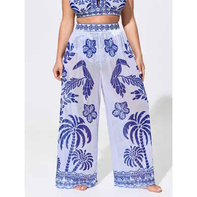 Bloomchic Sheer Pants Two-piece Tropical Swim Bottoms In Blue