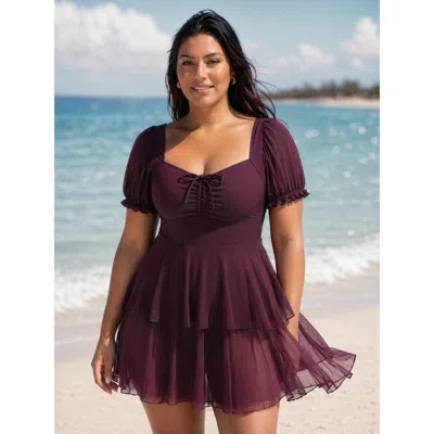 Bloomchic Sheer Ruched Bodice Tiered Swim Dress In Purple