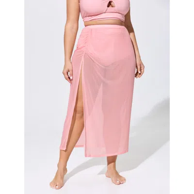 Bloomchic Sheer Sarong Sewn-in Brief Swim Bottoms In Pink