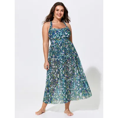 Bloomchic Sheer Sarong Two-piece Ruched Print One-piece Swim In Blue