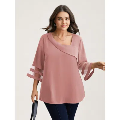 Bloomchic Sheer Sleeve Patchwork Asymmetrical Neckline Blouse