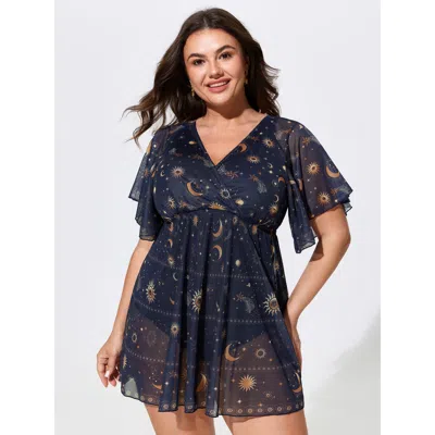 Bloomchic Sheer Star Moon Print Swim Dress In Indigo