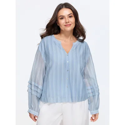 Bloomchic Sheer Striped Print Pleated Sleeve Blouse In Blue